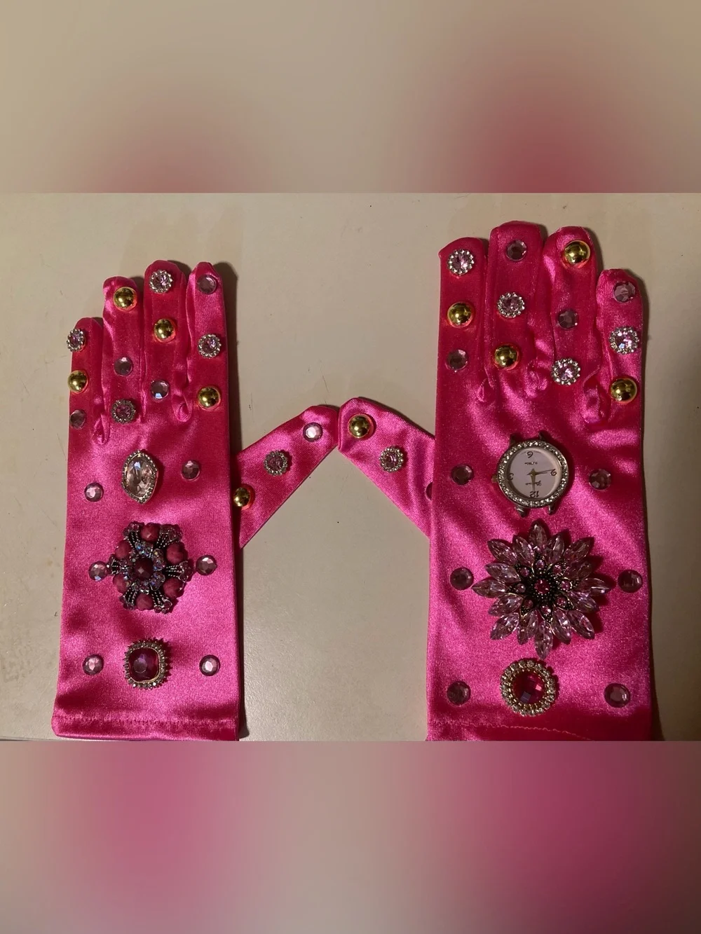 Pink Satin Embellished Women's Gloves designed by me